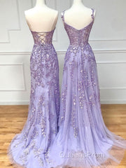 Purple sweetheart neck lace long Evening Prom Dress, lace formal graduation Dress