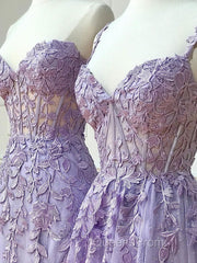 Purple sweetheart neck lace long Evening Prom Dress, lace formal graduation Dress