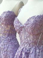 Purple Sweetheart Neck Lace Long Classy Prom Dress, Purple Lace Graduation Dress