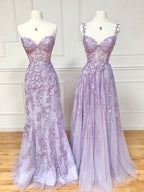 Purple Sweetheart Neck Lace Long Classy Prom Dress, Purple Lace Graduation Dress