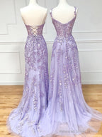 Purple Sweetheart Neck Lace Long Prom Dresses, Purple Lace Graduation Dress