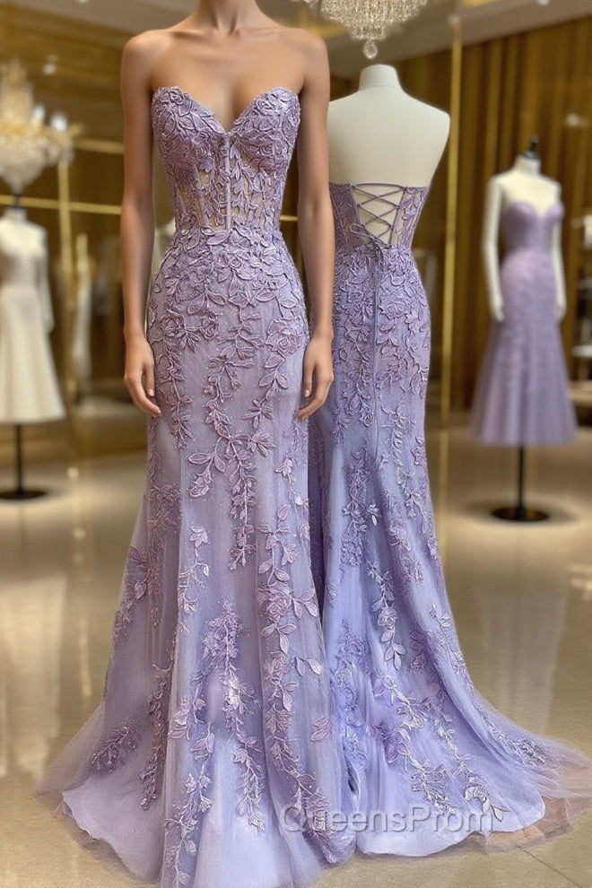 Purple sweetheart neck tulle lace mermaid long Evening Prom Dress Main image