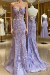 Purple sweetheart neck tulle lace mermaid long Evening Prom Dress