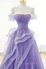 Purple Sweetheart Off Shoulder Tulle Long Party Dress, Purple Tulle Evening Prom Dress
