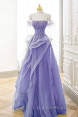 Purple Sweetheart Off Shoulder Tulle Long Party Dress, Purple Tulle Evening Prom Dress