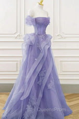 Purple Sweetheart Off Shoulder Tulle Long Party Dress, Purple Tulle Evening Prom Dress