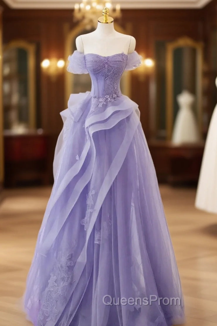 Purple Sweetheart Off Shoulder Tulle Long Party Dress, Purple Tulle Evening Prom Dress Main image