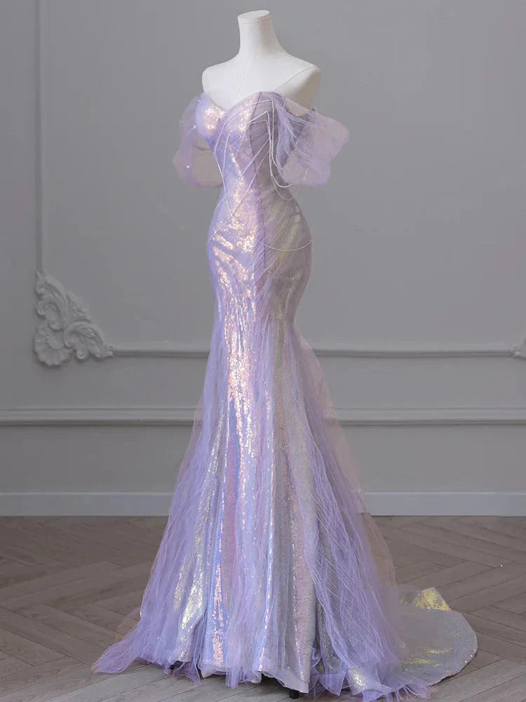 Purple’Å?Sweetheart Sequin Mermaid Gown-Fairytale Beaded Tulle Train Long Classy Prom Dress For Events