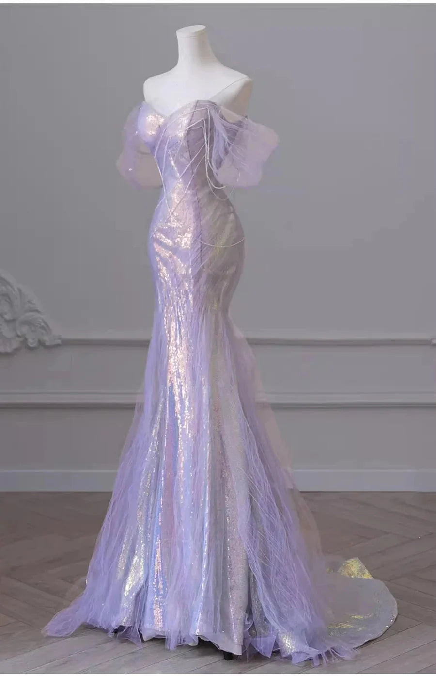 Purple’Å?Sweetheart Sequin Mermaid Gown-Fairytale Beaded Tulle Train Long Classy Prom Dress For Events