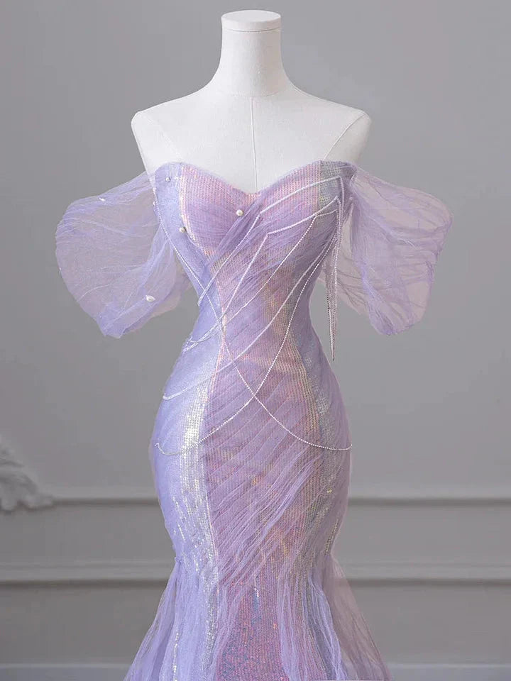Purple’Å?Sweetheart Sequin Mermaid Gown-Fairytale Beaded Tulle Train Long Classy Prom Dress For Events