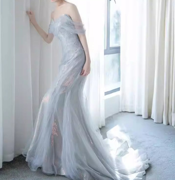 Purple’Å?Sweetheart Sequin Mermaid Gown-Fairytale Beaded Tulle Train Long Classy Prom Dress For Events