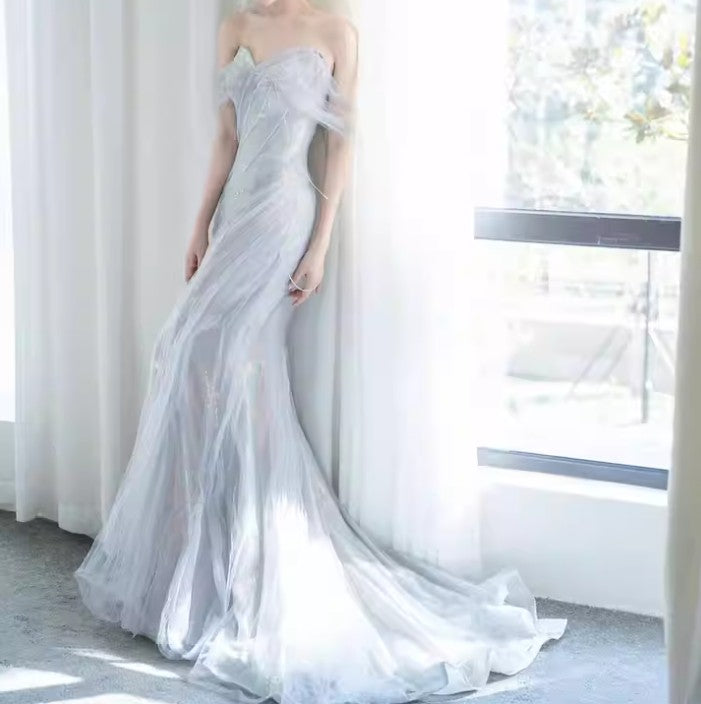 Purple’Å?Sweetheart Sequin Mermaid Gown-Fairytale Beaded Tulle Train Long Classy Prom Dress For Events