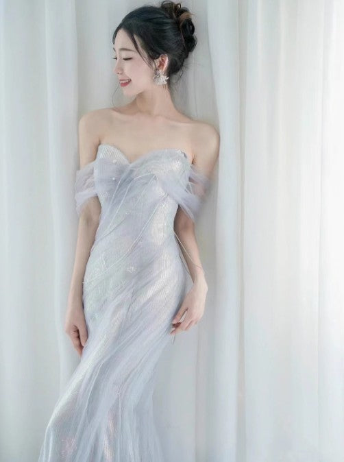 Purple’Å?Sweetheart Sequin Mermaid Gown-Fairytale Beaded Tulle Train Long Classy Prom Dress For Events