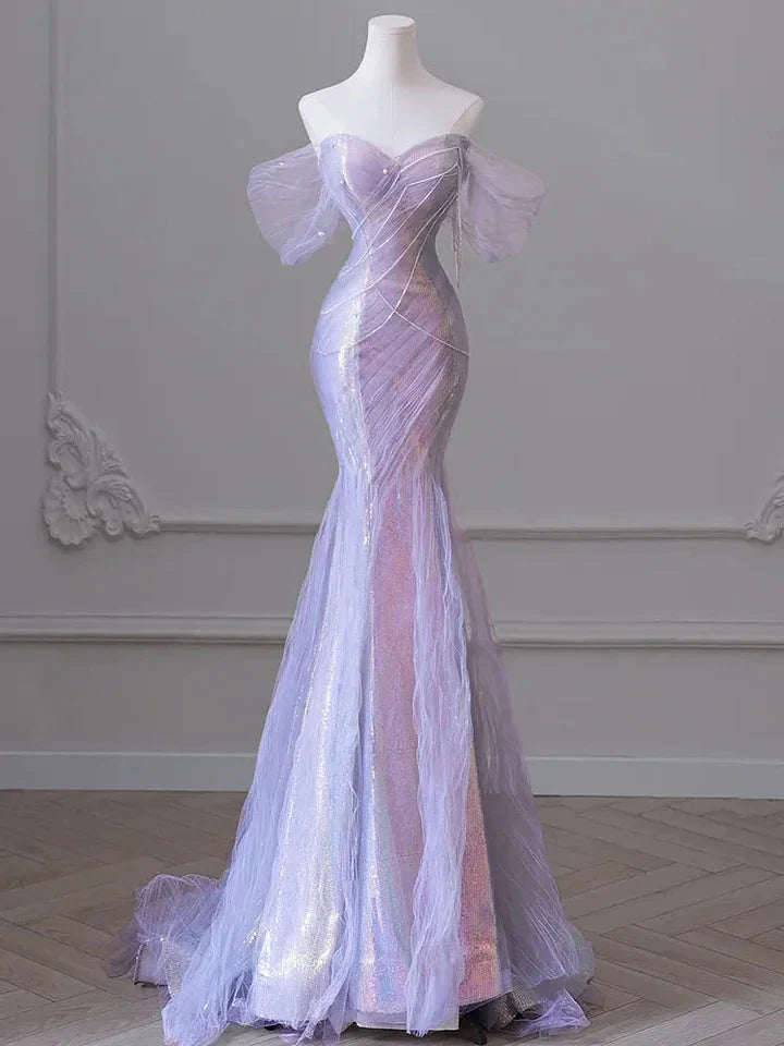 Purple’Å?Sweetheart Sequin Mermaid Gown-Fairytale Beaded Tulle Train Long Classy Prom Dress For Events Main image