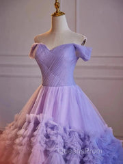 Purple Sweetheart Tulle Layers Sweet 16 Dress Long Evening Prom Dress A Line Off Shoulder Solid Color