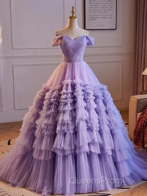 Purple Sweetheart Tulle Layers Sweet 16 Dress Long Evening Prom Dress A Line Off Shoulder Solid Color