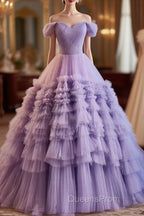 Purple Sweetheart Tulle Layers Sweet 16 Dress Long Evening Prom Dress A Line Off Shoulder Solid Color
