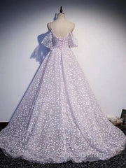 Purple Tulle A Line Long Evening Prom Dress Formal Dress With Flowers December Wedding Guest Dress