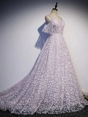 Purple Tulle A Line Long Evening Prom Dress Formal Dress With Flowers December Wedding Guest Dress