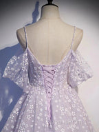 Purple Tulle A Line Long Evening Prom Dress Formal Dress With Flowers December Wedding Guest Dress