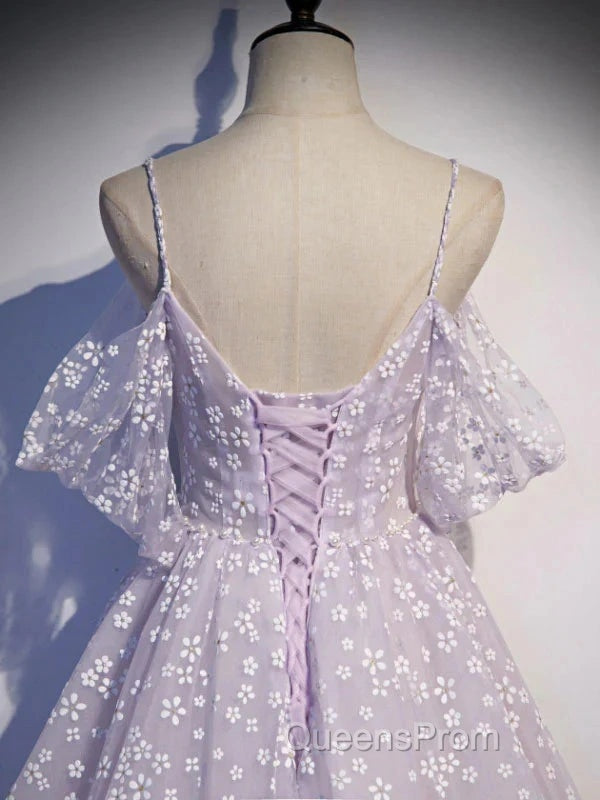 Purple Tulle A Line Long Evening Prom Dress Formal Dress With Flowers December Wedding Guest Dress