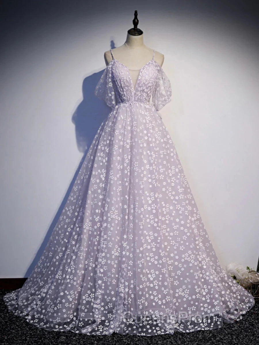 Purple Tulle A Line Long Evening Prom Dress Formal Dress With Flowers December Wedding Guest Dress