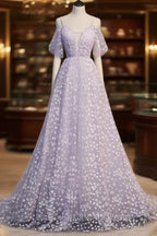 Purple Tulle A Line Long Evening Prom Dress Formal Dress With Flowers December Wedding Guest Dress