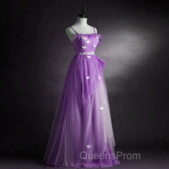 Purple Tulle A-Line Straps Long Formal Dress, Purple Floor Length Evening Prom Dress