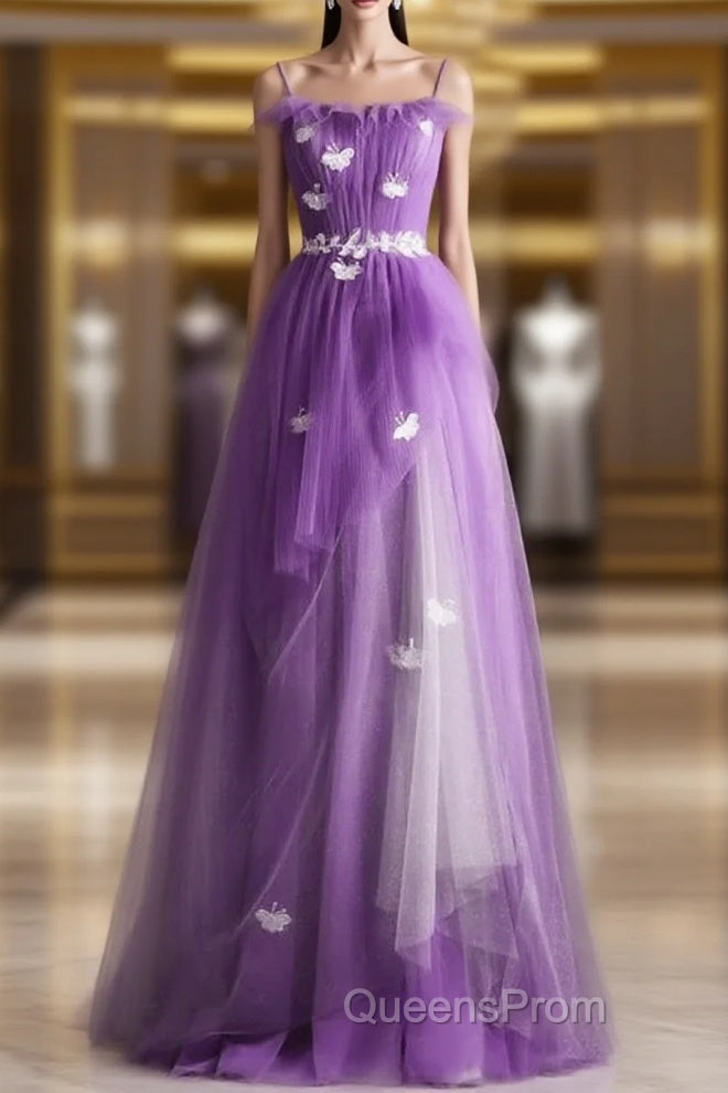 Purple Tulle A-Line Straps Long Formal Dress, Purple Floor Length Evening Prom Dress Main image