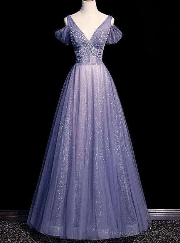 Purple Tulle Deep V-neck Beading Prom Dress Main image