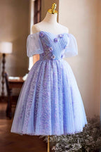 Purple Tulle Knee Length Evening Prom Dress, Lovely Off The Shoulder Party Dress