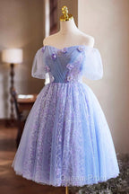 Purple Tulle Knee Length Evening Prom Dress, Lovely Off The Shoulder Party Dress