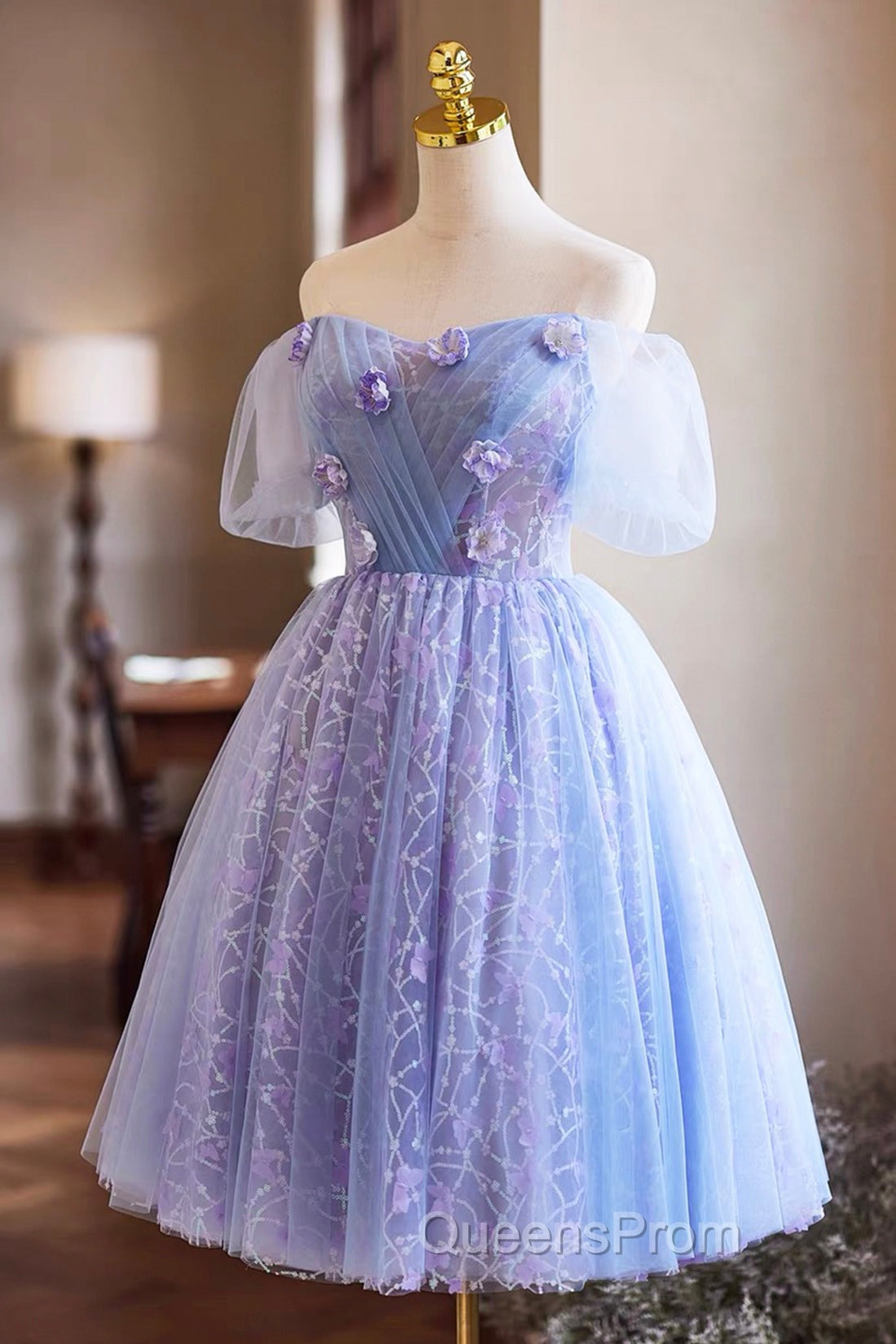 Purple Tulle Knee Length Evening Prom Dress, Lovely Off The Shoulder Party Dress
