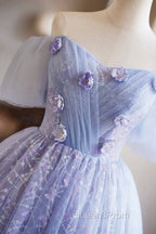 Purple Tulle Knee Length Evening Prom Dress, Lovely Off The Shoulder Party Dress