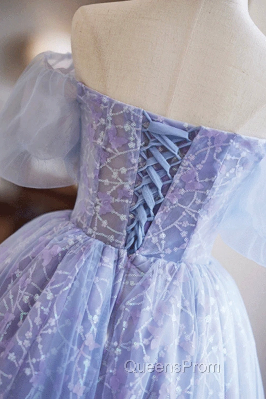 Purple Tulle Knee Length Evening Prom Dress, Lovely Off The Shoulder Party Dress