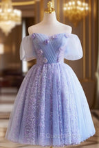 Purple Tulle Knee Length Evening Prom Dress, Lovely Off The Shoulder Party Dress