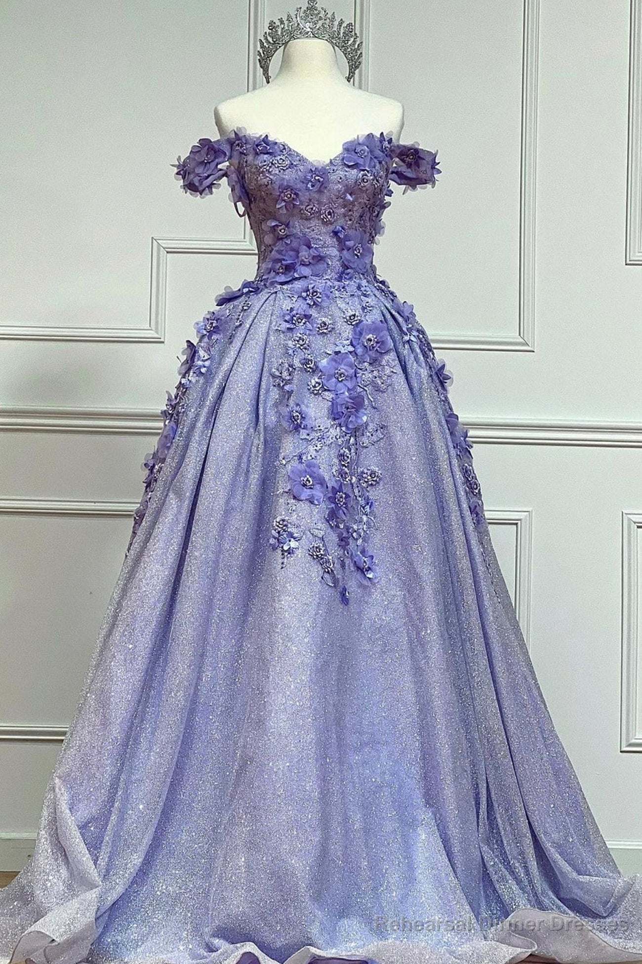 Purple Tulle Lace Floor Length Prom Dress, Off the Shoulder Evening Dress Main image
