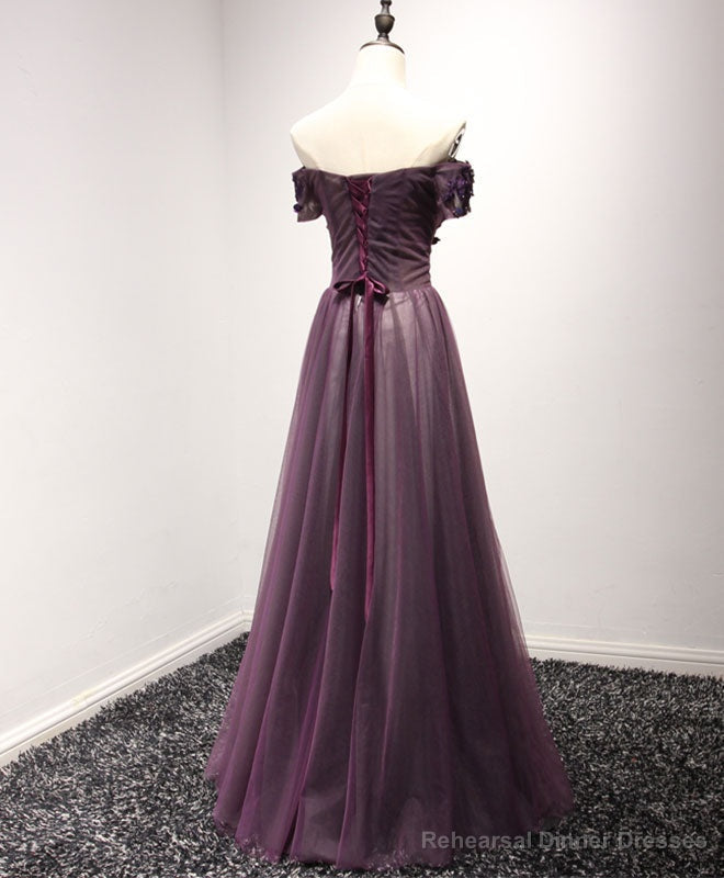 Purple Tulle Lace Off Shoulder Long Prom Dress, Purple Evening Dress Secondary image