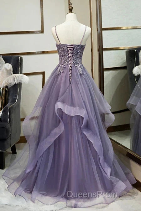 Purple Tulle Layers Long Formal Gown Lace Applique Party Dress A Line Floor Length Evening Prom Dress Secondary image