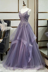 Purple Tulle Layers Long Formal Gown Lace Applique Party Dress A Line Floor Length Evening Prom Dress