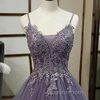 Purple Tulle Layers Long Formal Gown Lace Applique Party Dress A Line Floor Length Evening Prom Dress