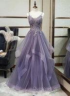 Purple Tulle Layers Long Formal Gown Lace Applique Party Dress A Line Floor Length Evening Prom Dress