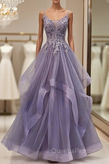 Purple Tulle Layers Long Formal Gown Lace Applique Party Dress A Line Floor Length Evening Prom Dress