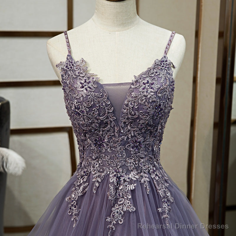 Purple Tulle Layers Long Formal Gown, Lace Applique Top Party Dress Secondary image
