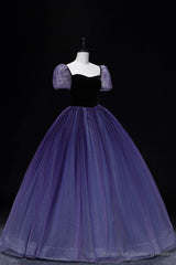 Purple Tulle Long A-Line Prom Dress, Purple Short Sleeve Princess Dress