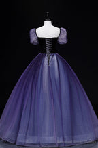 Purple Tulle Long A-Line Prom Dress, Purple Short Sleeve Princess Dress