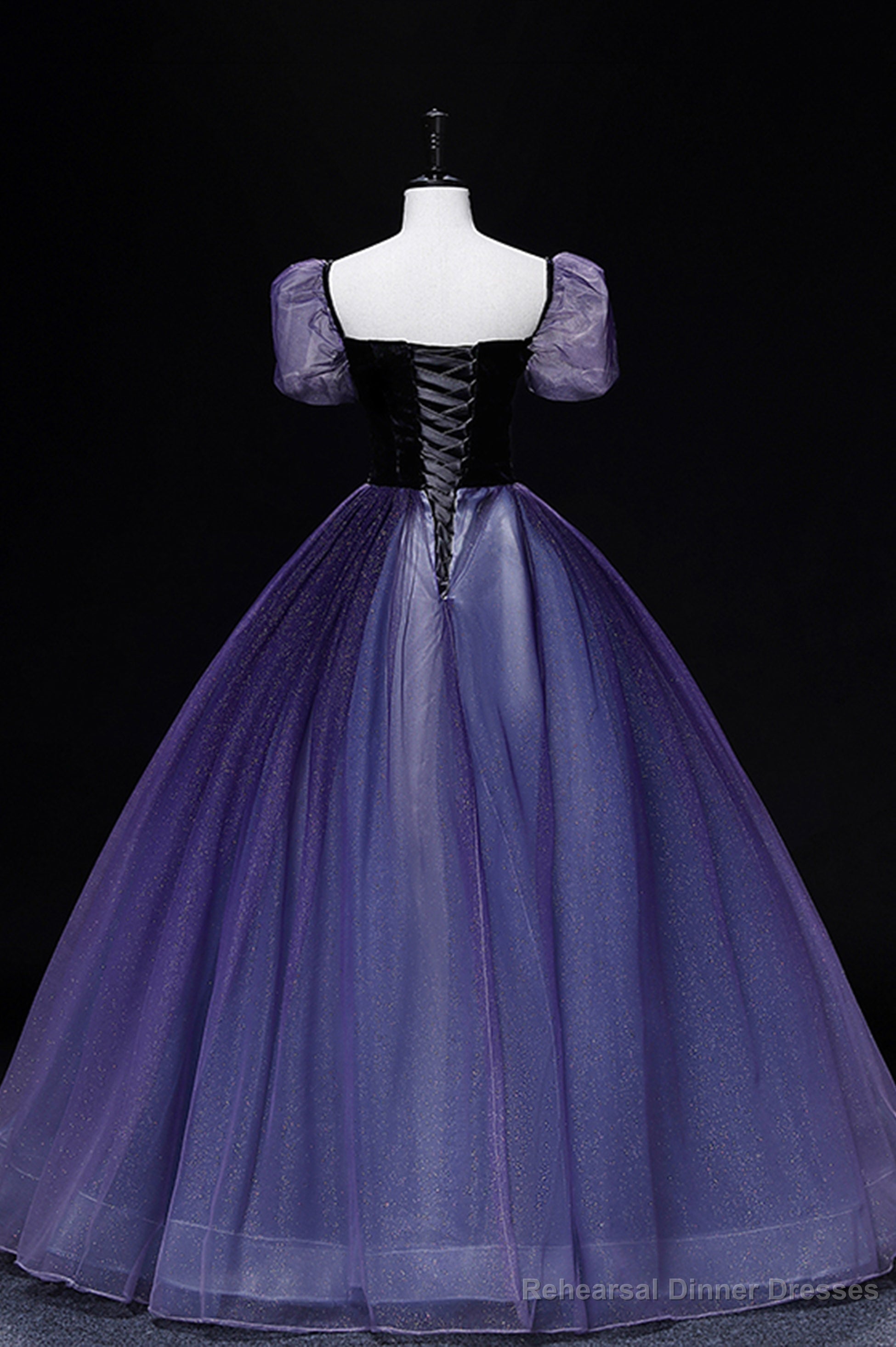 Purple Tulle Long A-Line Prom Dress, Purple Short Sleeve Princess Dress