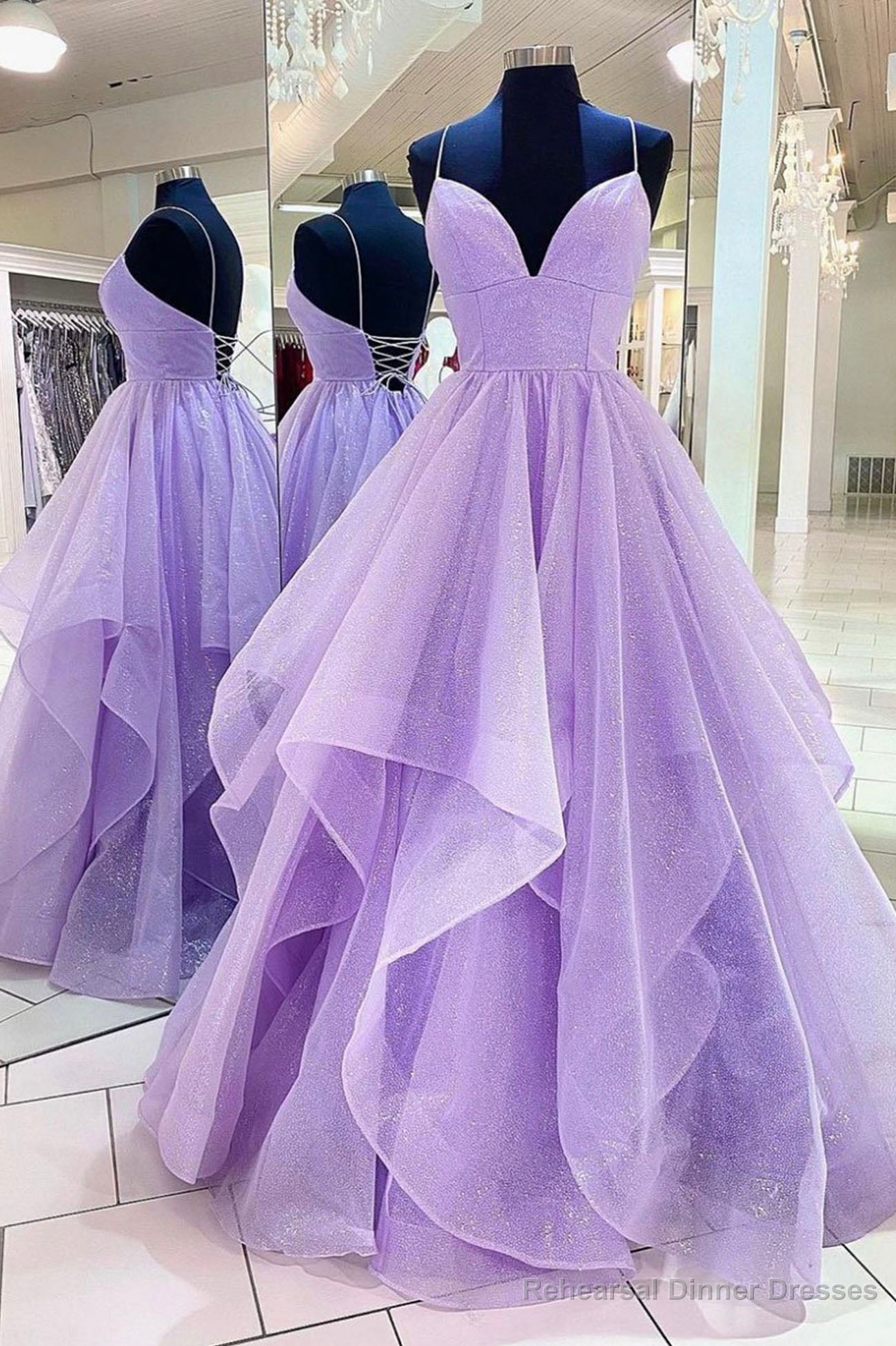 Purple Tulle Long A-Line Prom Dress, Spaghetti Strap Formal Evening Dress Main image