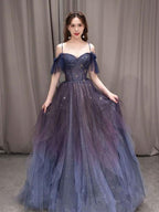 Purple Tulle Off Shoulder A-Line Long Classy Prom Dress, Purple Classy Evening Dress