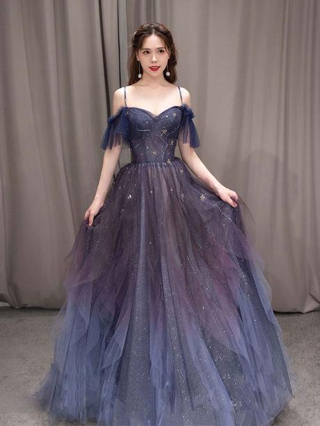 Purple Tulle Off Shoulder A-Line Long Classy Prom Dress, Purple Classy Evening Dress